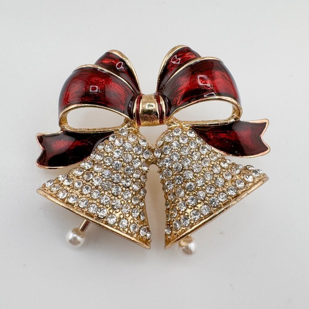 Vintage Anne Klein Jingle Bell Ribbon Brooch Festive Glam Timeless Elegance